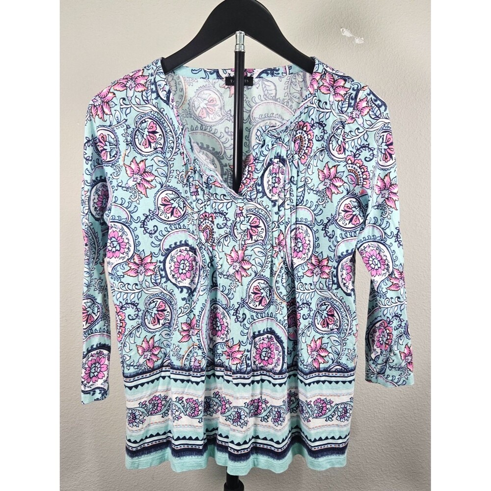 Talbots Women S Paisley Floral Tunic Top Aqua Blue Pink Pima Cotton Boho